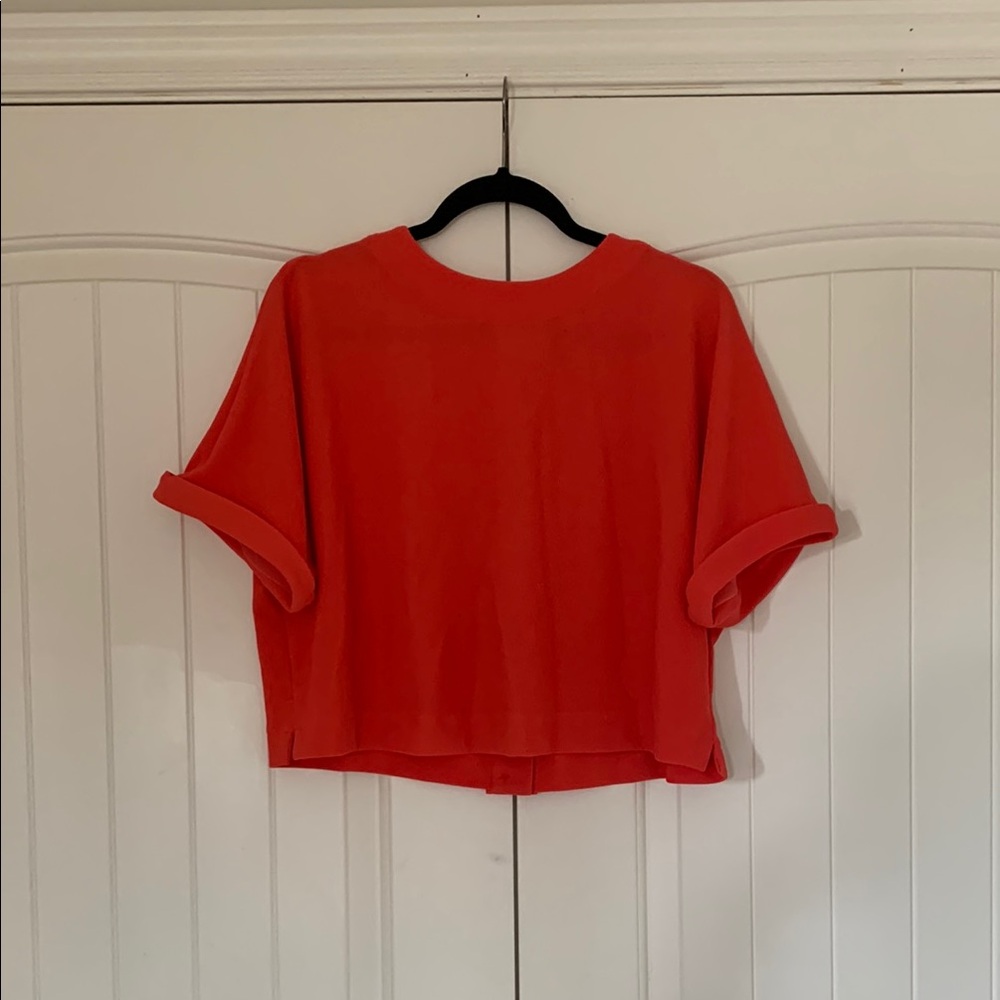 Adrianna Papell Red Cuffed Sleeve Boxy Crop T-Shirt